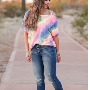 ✨3/$25 BiBi Rainbow Tie Dye Off Shoulder Top size Large oversized